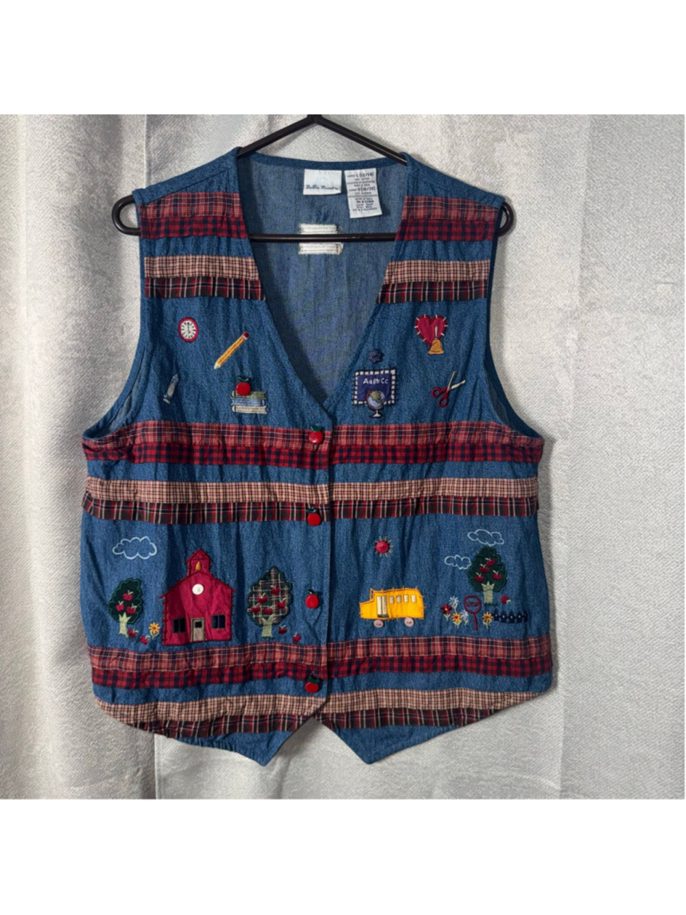 Vintage School Theme Embroidered Denim Vest Size L 12/14 Blue Red